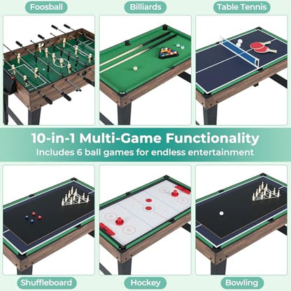 Goplus 10-in-1 Combination Multi Game Table Set, Adult Size Combo Game Table W/Foosball, Table Tennis, Pool, Air Hockey Table, Bowling, Chess, Checkers, Backgammon for Game Night - color: Brown