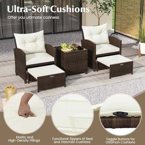 Tangkula 5 Pieces Patio Conversation Set, PE Wicker Outdoor Furniture Set with 2 Chairs, 2 Ottomans & Tempered Glass Coffee Table, Ideal for Poolside, Backyard, Lawn, Deck, Mix Brown & Off White - color: Mix Brown & Off White