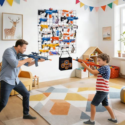 Wall Mount Toy Gun Storage Organizer,Organizer for Toy Guns with Shooting Practice Target Toys Storage Bag and Hooks,Toys Gun Holder Gun Rack for Foam Blasters Guns Accessories Game Room