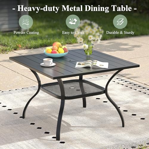 Patio Dining Set for 4, 37.8" Square Metal Table with Umbrella Hole and Stackable Wicker Patio Chairs, Outdoor Furniture Set for Deck Backyard Garden, Walnut Chairs, Black Table
