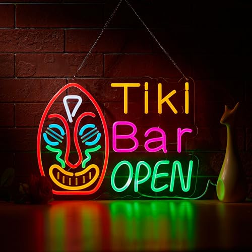 Roouneon Tiki Bar Open Neon Sign for Wall Décor with Dimmable Switch LED Neon Signs Art Decor Light - color: Red+Pink+Yellow+Blue