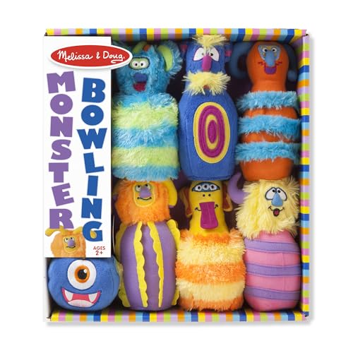 Melissa & Doug Fuzzy Monster Bowling Pins and Ball with Mesh Storage Bag - 8 Pieces Toddler Plush Indoor Bowling Set, for Toddlers and Kids Ages 2+
