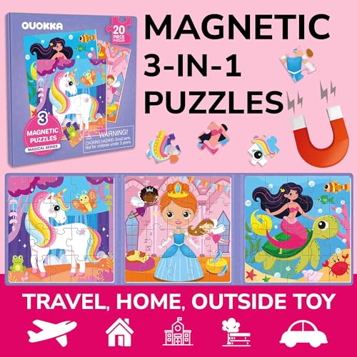 QUOKKA Magnetic Toddler Puzzles Ages 2-4 – 20 Pieces Kids Puzzles Ages 3-5 – Travel Games and Toys for Kids 4-6 Girls – Car Airplane Road Trip Activities with Unicorn, Princesses, Fairies and Mermaids - style: 7. UNICORN 20 PCS