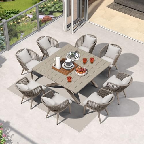 PURPLE LEAF 9 Pieces Outdoor Metal Furniture Set Patio Conversation Sets Dining Set, 1 Square Dining Table and 8 Modern Chairs with Cushions Seat Champagne - color: Champagne, size: 9 Pcs, style: Square