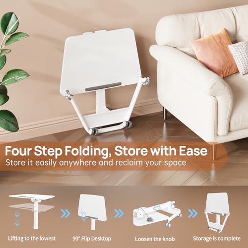 Foldable Mobile Standing Desk, 90 Tiltable Rolling Standing Desk, Height Adjustable Portable Laptop Workstation for Home Office, Easy to Fold, White - color: White