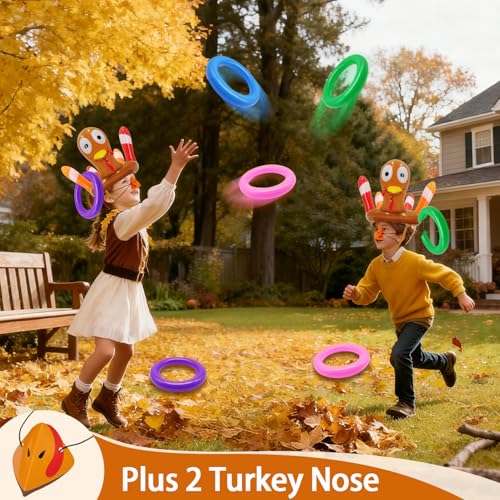 2 Pack Thanksgiving Ring Toss Games Toys for Kids Thanksgiving Inflatable Turkey Hats Toss Games Thanksgiving Family School Party Favors Decor Indoor Outdoor Party Game(2 Turkey Hats, 8 Rings)