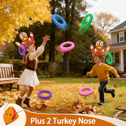 2 Pack Thanksgiving Ring Toss Games Toys for Kids Thanksgiving Inflatable Turkey Hats Toss Games Thanksgiving Family School Party Favors Decor Indoor Outdoor Party Game(2 Turkey Hats, 8 Rings)