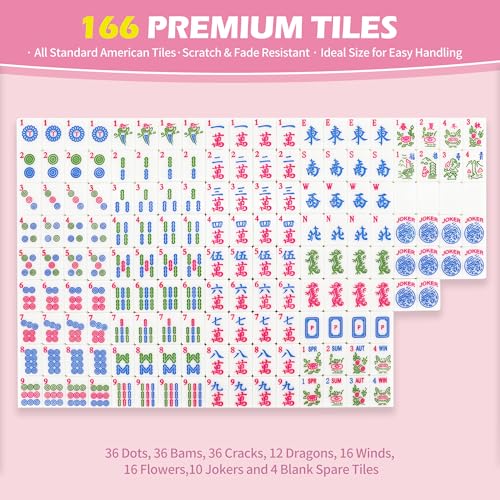Jolitac American Mahjong Game Set, 166 Premium Tiles, 1.2-inch Mahjong Tile Set with Sturdy Carrying Bag, Thickened Mah-Jongg Tiles Bag Portable Travel Complete Mahjong Set - color: Pink