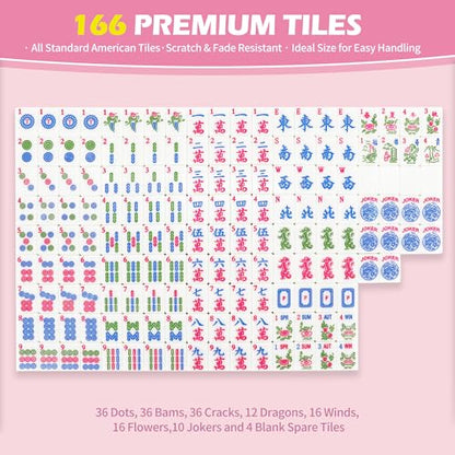 Jolitac American Mahjong Game Set, 166 Premium Tiles, 1.2-inch Mahjong Tile Set with Sturdy Carrying Bag, Thickened Mah-Jongg Tiles Bag Portable Travel Complete Mahjong Set - color: Pink