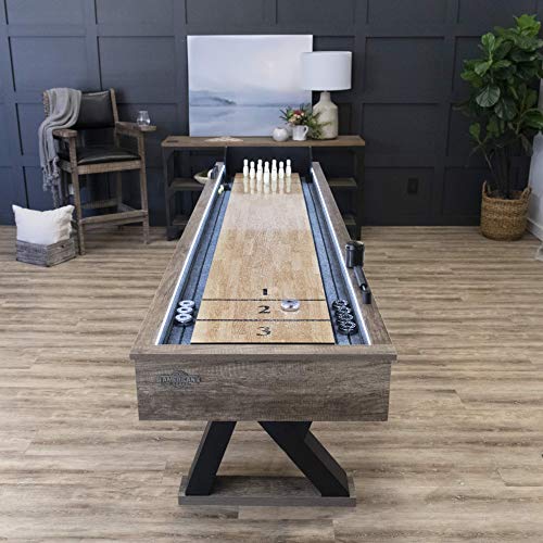 American Legend Kirkwood 9’ Shuffleboard Table with LED Rails, Bowling Game Set, Rustic Wood Finish & Accessories Included