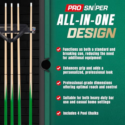 Prosniper Premium Pool Sticks Set of 4 | 58-Inch, 19-Oz Canadian Ashwood Pool Cue with Low-Deflection Shaft & 4 Extra Chalks | Pro-Grade Billiard Cue for Home & Bar Play - color: Green