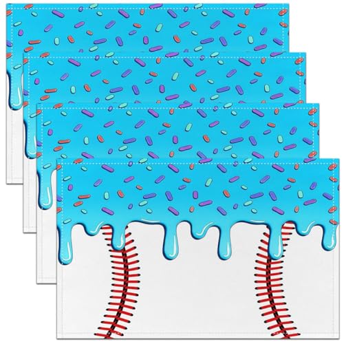 Castle Fairy Ice Cream Drip Baseball Kids Placemats Set of 4,Ball Sport Competition Fashion Table Place Mats,Baseball Bat Player Fan Kitchen Decor,Blue Placemat Kitchen Table Decoration 12"x18" - color: Blue