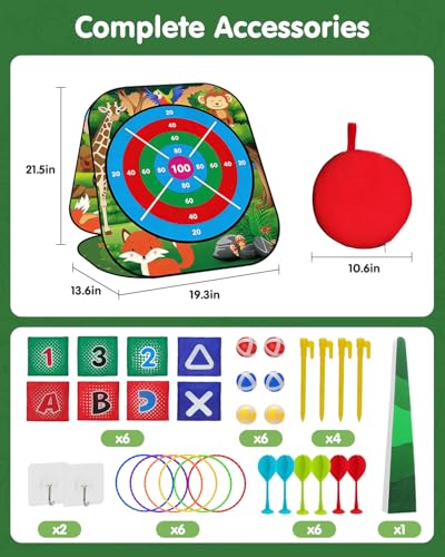 5-in-1 Bean Bag Toss Game for Kids Ages 3-8, Outdoor Cornhole Set with 3 Interchangeable Boards (Toss/Dart/Tic-Tac-Toe), Includes 8 Beanbags 6 Balls/Darts/Rings, Backyard Toys for Boys - style: Animal