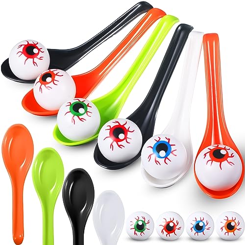 Liliful 48 Pcs Halloween Egg and Spoon Race Game Set Eyeball Spoon Race Game for Halloween Outdoor Fun Games Party Favor Supplies Indoor Activities(Blue, Orange, Red, Green) - color: Blue, Orange, Red, Green