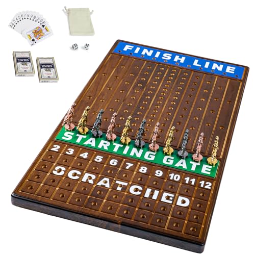 Large 21 inch Finish LINE Horse Racing Board Game is Equipped with 11 Luxury Metalcraft Horses Adult Chessboard Including 2 Dice and 2 Boxes of Cards (Flaming Color) - color: Large -Burnt