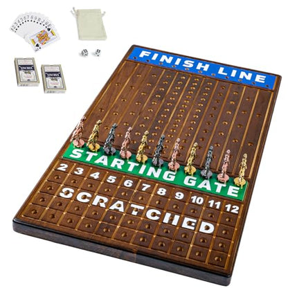 Large 21 inch Finish LINE Horse Racing Board Game is Equipped with 11 Luxury Metalcraft Horses Adult Chessboard Including 2 Dice and 2 Boxes of Cards (Flaming Color) - color: Large -Burnt