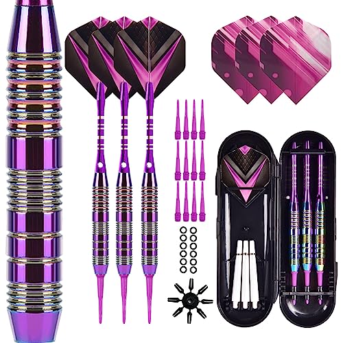 Soft Tip Darts Set 3 Aluminum Shaft Professional Darts Plastic Tip Sets 2BA Replacement Tips + Extra 3 Dart Flights 3 Replace Plastic Shafts for Electronic Dart Board - color: Purple