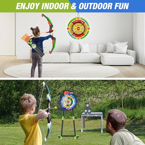 HYES 2 Pack Kids Bow and Arrow with 29" Large Dart Board, LED Light Up Archery Set with 24 Suction Cup Arrows, Indoor Outdoor Sport Toys Gifts for 3 4 5 6 7 8 9 10 11 12 Year Old Boys Girls - size: 2 pack-led dartboard target