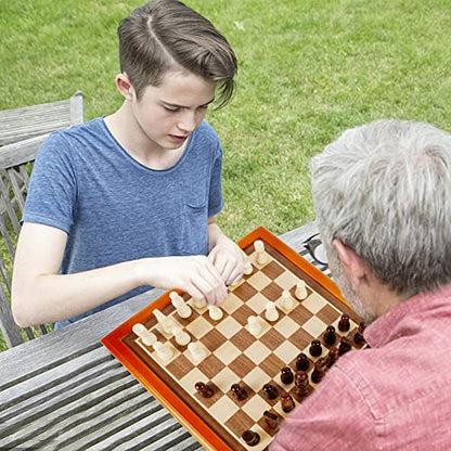 Juegoal 12-Inch Wooden Chess & Checkers Set with Storage Drawer, Portable Board Games for Kids and Adults