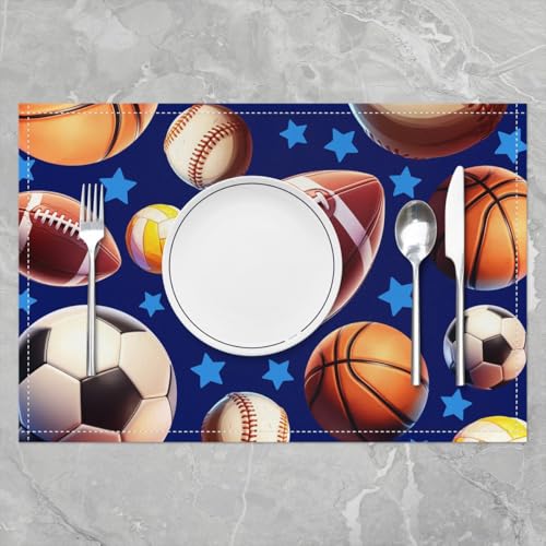 Erosebridal Ball Games Placemats Set of 4 12x18 Soccer Sports Place Mat for Boys Men Basketball Baseball Volleyball Stars Dark Blue Heat Resisting Table Mats - color: Dark Blue