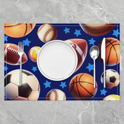 Erosebridal Ball Games Placemats Set of 4 12x18 Soccer Sports Place Mat for Boys Men Basketball Baseball Volleyball Stars Dark Blue Heat Resisting Table Mats - color: Dark Blue