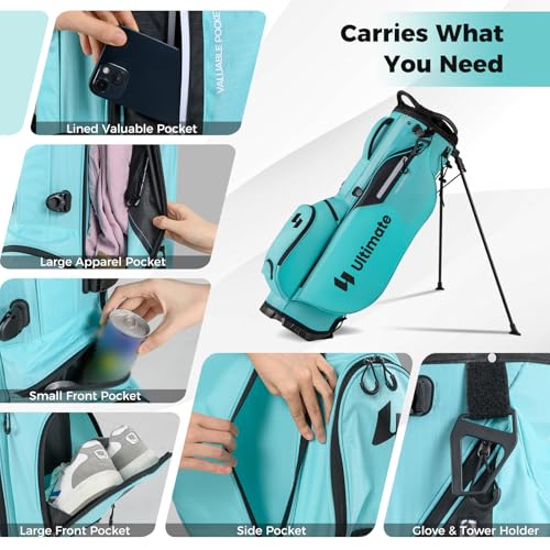 ULTIMATE Golf Stand Bag, 8-Way Golf Bag with 5 Pockets, Rain Hood, Detachable Dual Shoulder Strap, Lumbar Pad, Handles, Portable Golf Club Bag for Men & Women - color: Blue