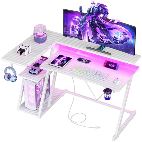 Korfile 40 Inch Gaming Desk with Power Outlet & LED Lights, L Shaped Computer Gaming Table with 3 Tiers Storage Shelves, Corner Gamer Desk with Monitor Stand for Small Space, Carbon Fiber White - color: Carbon Fiber White, size: 40 Inches