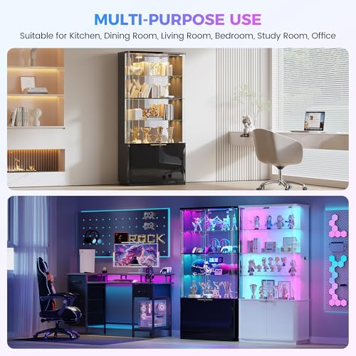 Dystler 71" Locking Glass Display Cabinet, 6-Tier Curio Case with RGB Light | Key Lock, Tempered Glass Shelves, RGB Motion-Sensor Lights, App Control, Curved Safety Edges, for Trophies & Figures - color: Black
