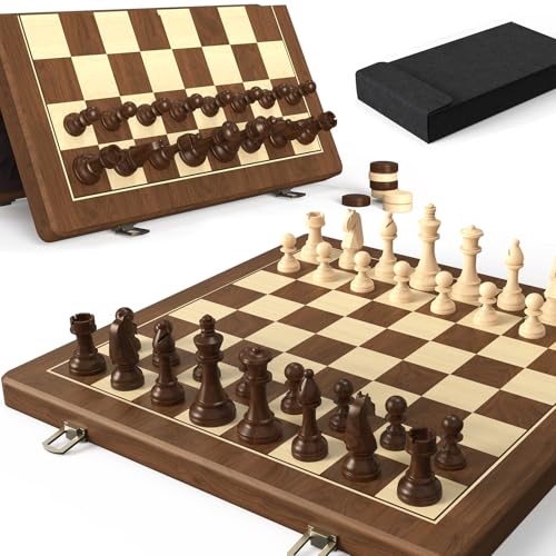 Premium Natural Walnut 15" Magnetic Wooden Folding Chess & Checkers Set- 2 in 1 Board Game with 3" King Staunton Pieces and 2 Extra Queens, Checkers, and Dust-Proof Storage Bag (Black) - color: Black