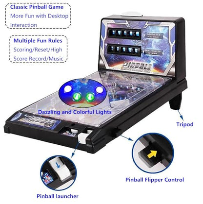 Electronic Tabletop Pinball Game, Mini Arcade with LED Lights, Realistic Sound Effects & Digital Scoreboard, Retro-Style Desktop Toy, Ideal Gift for Home Party Interactive