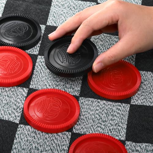 Yarlung Giant Checkers Set Tic Tac Toe Game with Reversible Rug, 3 in 1 Jumbo Checkers Game Board for Family Camping, Yard, Lawn Games, 2 Players