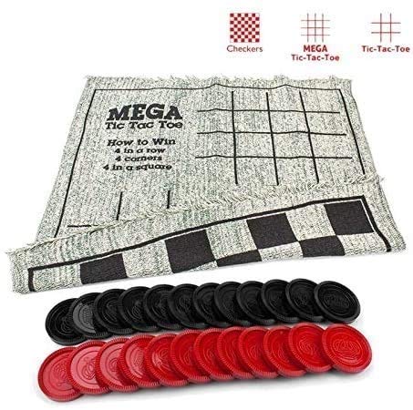 Checkers and Backgammon Giant 3 in 1 Checkers and Mega Tic Tac Toe Reversible Rug - Indoor/Outdoor Jumbo Board Games for Family Fun Parties