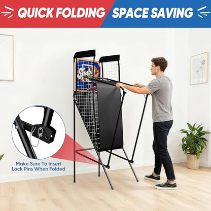 Electronic Arcade Basketball Game with Electronic Scoreboard, Foldable Indoor Single Basketball Shooting Game, 3 Balls & Pump, Blue Yellow