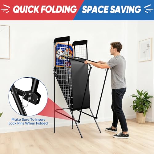 F2C Foldable Electronic Arcade Basketball Game with Electronic Scorer & Buzzer - Ideal Indoor Single Shot Basketball Fun for Adults and Kids, Comes with 3 Basketballs & Pump