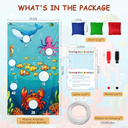 Ocean Toss Game Birthday Party Supplies Bean Bag Toss Game for Adults, Washable Heavy Duty Outdoor Indoor Throwing Theme Party Game Banner with 3 Bean Bags and 19.6ft String