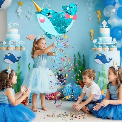 WERNNSAI Narwhal Piñata - Girl Narwhal Party Piñata Game Whale Ocean Themed Party Decor for Kids Under the Sea Classroom Decorations Summer Season Baby Shower Favors - style: Narwhal