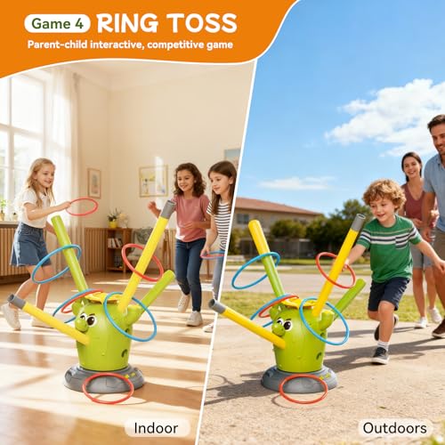 Rocket Launcher Toy Set for Kids Ages 3-8, 4-in-1 Cactus Outdoor Play Set with Ring Toss, Baseball & Skip It – Outdoor Backyard Sports Toys for Boys and Girls, Educational Active Play Gift