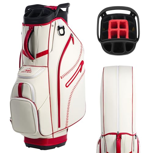 uniHimal Golf Cart Bag with 14-Way Full-Length Dividers, Premium PU Leather Golf Bag for Men Women with Plush Top, Magnetic Pocket and Rain Cover, Lightweight Golf Club Bag Includes Cooler Pockets - color: Beige Red