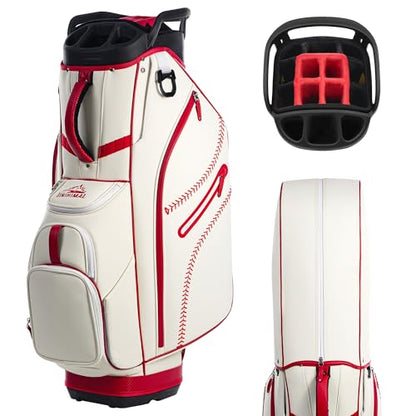 uniHimal Golf Cart Bag with 14-Way Full-Length Dividers, Premium PU Leather Golf Bag for Men Women with Plush Top, Magnetic Pocket and Rain Cover, Lightweight Golf Club Bag Includes Cooler Pockets - color: Beige Red
