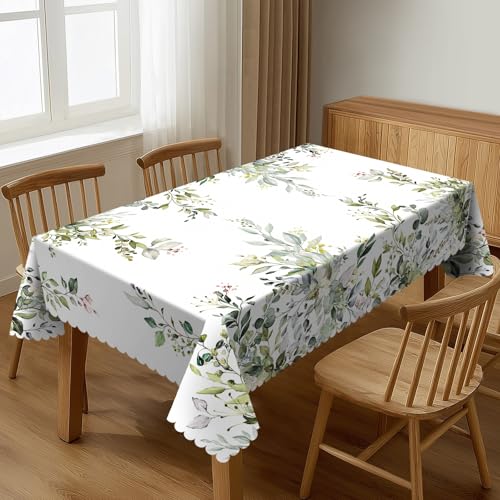 Floral Leaves Herbs Table Cloths Decorative for Dining Room, Eucalyptus Leaf Washable Tablecloth for Home, Restaurant, Outdoor Party Table Cover 54x72 Inch - color: White Green