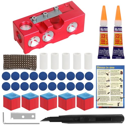 Vefungyan Pool Cue Tips Replacement Kit: 11 in1 Billiards Pool Cue Tip Repair Shaper Tool with 20pcs cue Tips 5 Chalk for Replacement - color: Metal Red