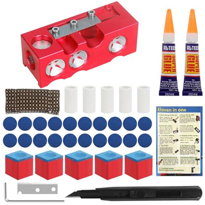 Vefungyan Pool Cue Tips Replacement Kit: 11 in1 Billiards Pool Cue Tip Repair Shaper Tool with 20pcs cue Tips 5 Chalk for Replacement - color: Metal Red