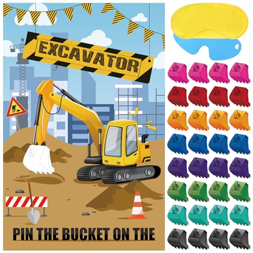 Hooqict Pin The Bucket on The Excavator Construction Party Games for Kids Birthday Pin the Games Construction Party Decorations Supplies, Large Excavator Poster with 32 Stickers - style: Excavator