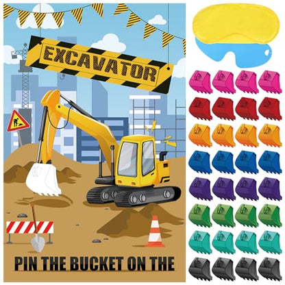 Hooqict Pin The Bucket on The Excavator Construction Party Games for Kids Birthday Pin the Games Construction Party Decorations Supplies, Large Excavator Poster with 32 Stickers - style: Excavator