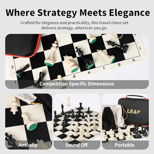 Tournament Chess Set/ 20''x20'' Foldable Silicone Chess Board / 3.75'' King Height Plastic Quadruple Weighted Classic Staunton Pieces/Storage Bag for Beginner Adult