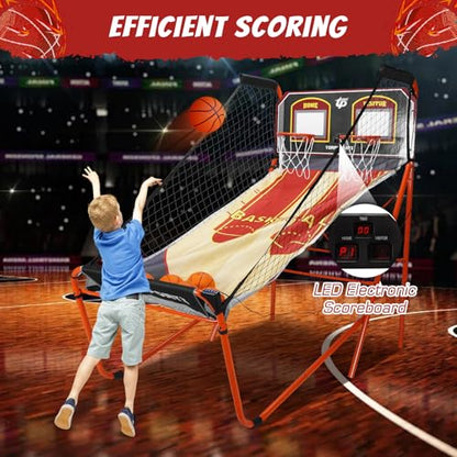 Foldable Indoor Basketball Arcade Game with Steel Frame Indoor Double Electronic Basketball Machine with 5 Size 7 Inch Balls for 2 Players Kids Adults Player