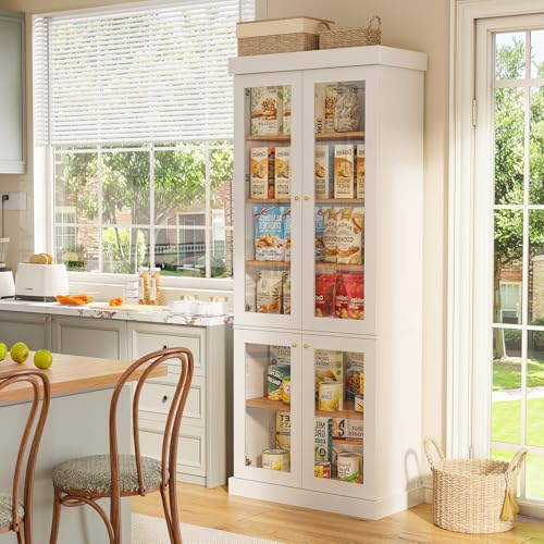 Vyre 70.8" Tall White Bookshelf with Glass Doors, Farmhouse Modular Bookcase with 6-Tier Adjustable Shelves, Large Storage Cabinet for Home Office, Living Room, Set of 2 - color: White