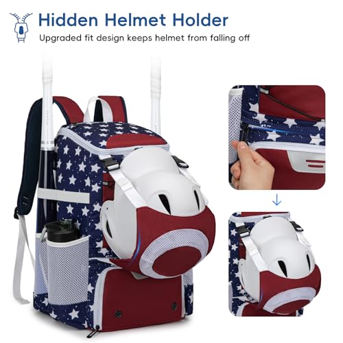 KAVIGOR Baseball Bag for Youth and Adult, Softball Backpack 40L Large Capacity, Bat Backpack with Shoes Compartment and Hidden Helmet Holder - color: Red White & Blue