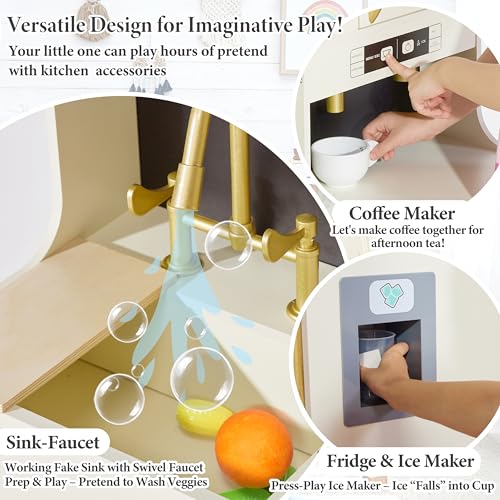 inFUNSAME Wooden Play Kitchen for Kids with Lights and Sounds,19 Accessories,Modern Design Upgraded Interactive Pretend Toddler Toy Kitchen PlaySet, Gift for Boys & Girls Ages 3+ (Cream White) - color: Cream White