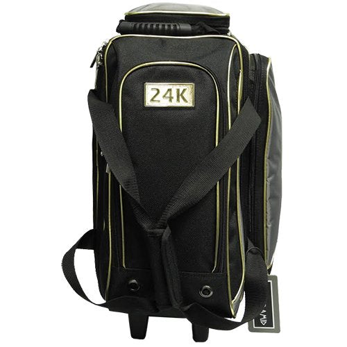 Pyramid Path Premium Deluxe 2 Ball Double Roller Bowling Bag With Large Separate Shoe Compartment (Up To US Mens Size 15) and Oversized Accessory Pocket, Retractable Locking Handle - Extends to 37" - color: Black/Gold/Grey 24K Edition